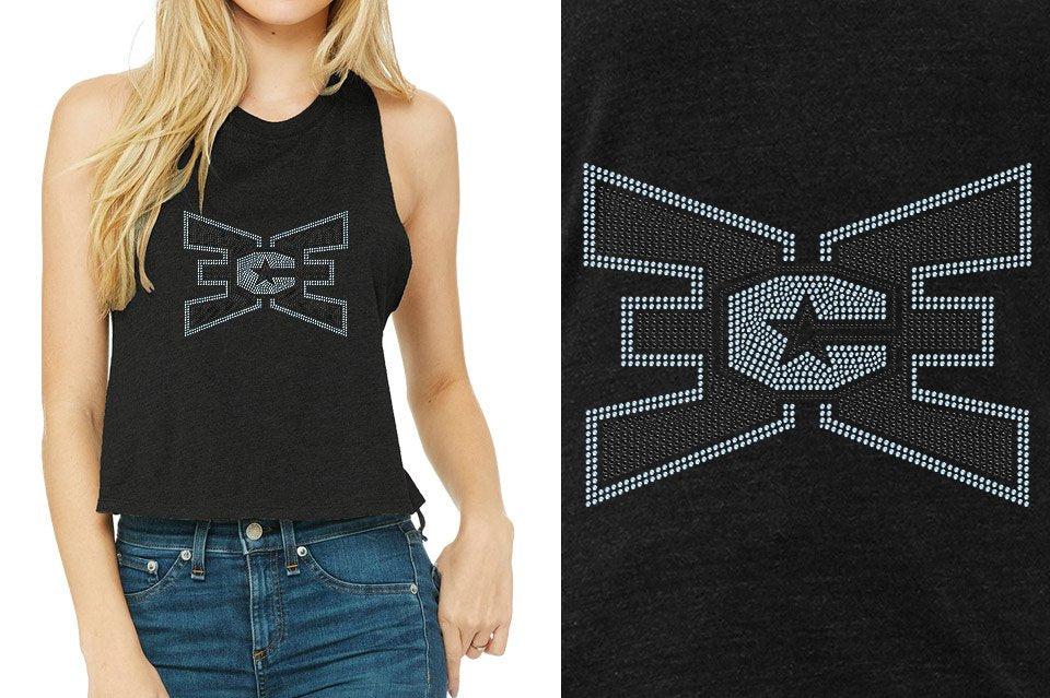 Rhinestones ECE 2-color Black and lt. sapphire Relaxed Fit Women's Racerback Cropped Tank