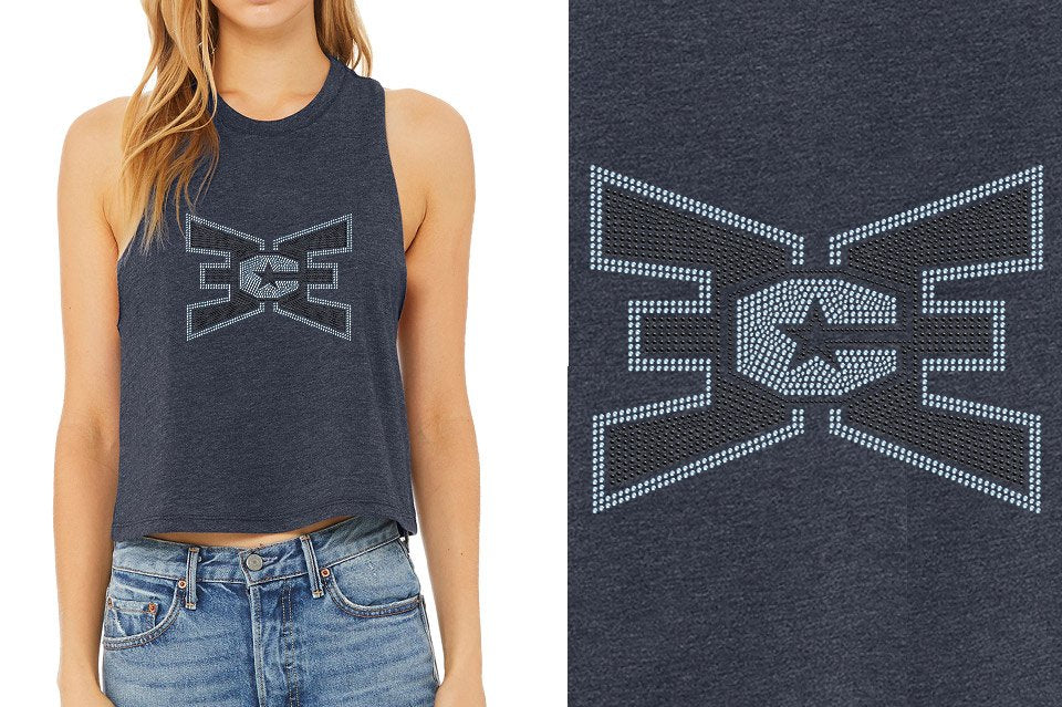 Rhinestones ECE 2-color Black and lt. sapphire Relaxed Fit Women's Racerback Cropped Tank