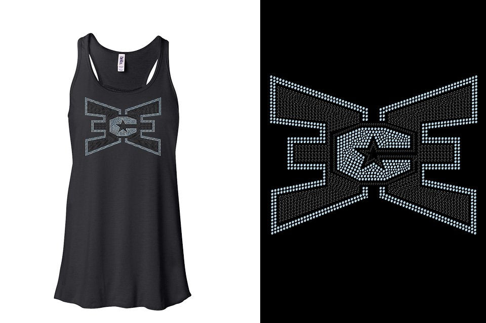 Rhinestones ECE 2-color Black and lt. sapphire Youth Flowy Racerback Tank