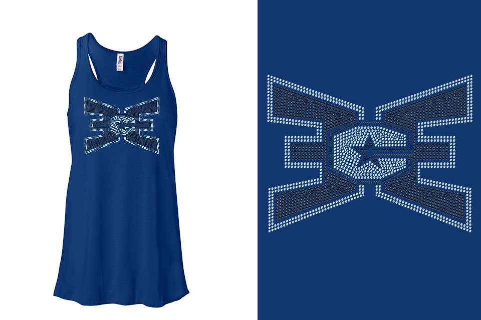 Rhinestones ECE 2-color Black and lt. sapphire Youth Flowy Racerback Tank