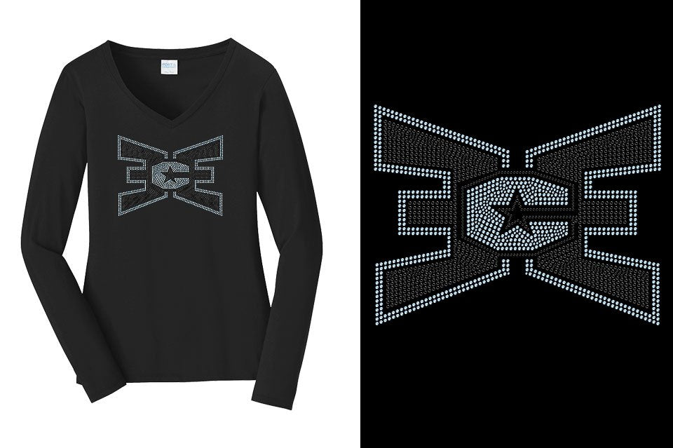 Rhinestones ECE 2-color Black and lt. sapphire Women's Relaxed Fit Long Sleeve V-Neck