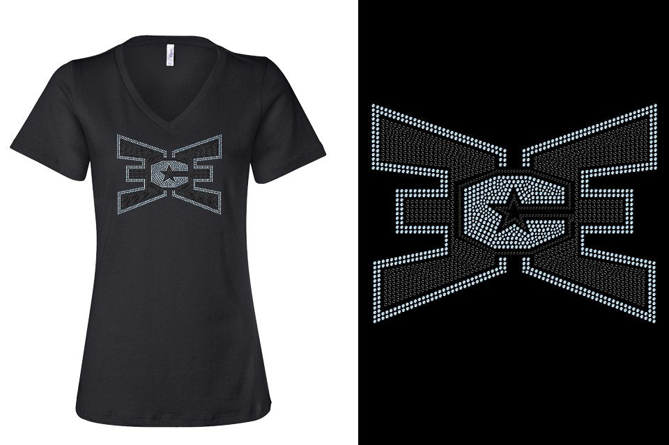 Rhinestones ECE 2-color Black and lt. sapphire Women's Relaxed V-Neck