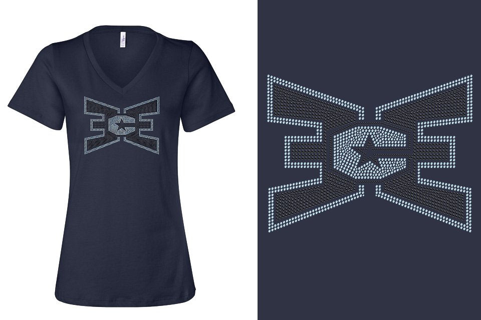 Rhinestones ECE 2-color Black and lt. sapphire Women's Relaxed V-Neck