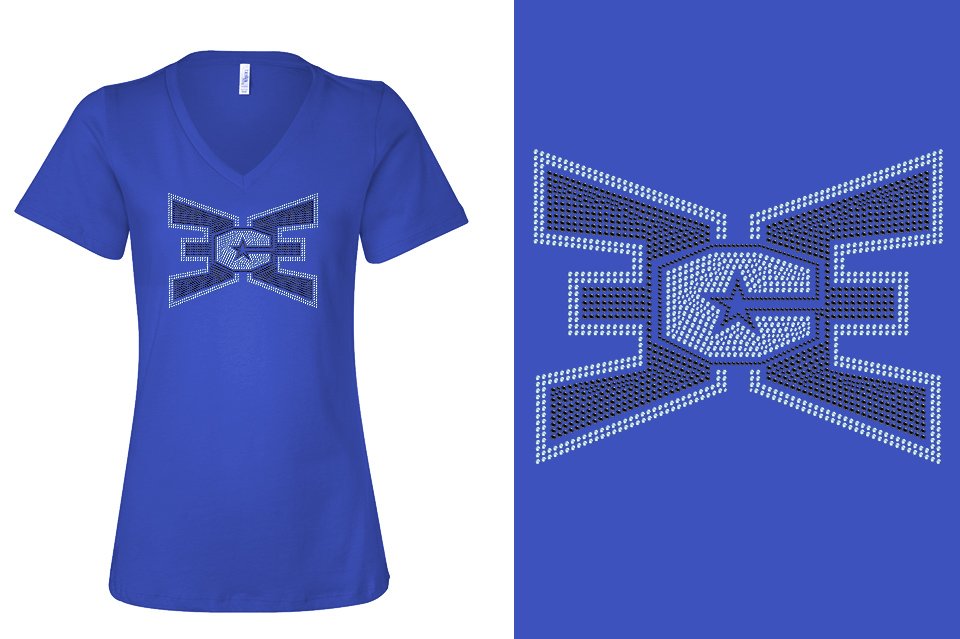 Rhinestones ECE 2-color Black and lt. sapphire Women's Relaxed V-Neck