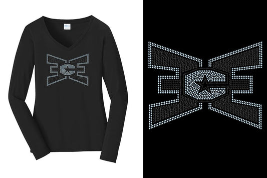 Rhinestones ECE 2-color Black and lt. sapphire Women's Relaxed Fit Long Sleeve V-Neck